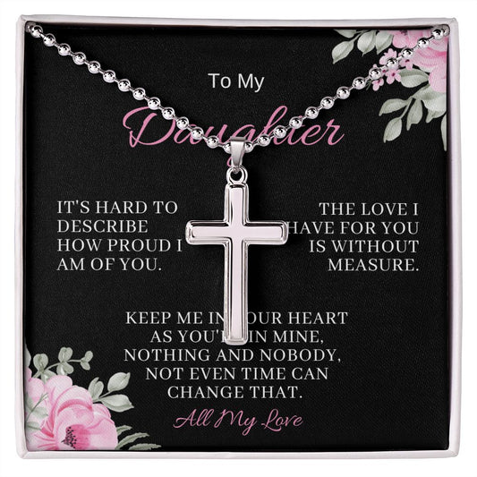 Daughter Stainless Cross Necklace w/ Ball Chain & MC