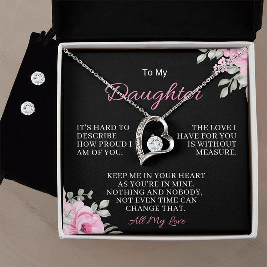 Daughter Forever Love Necklace + Clear CZ Earrings